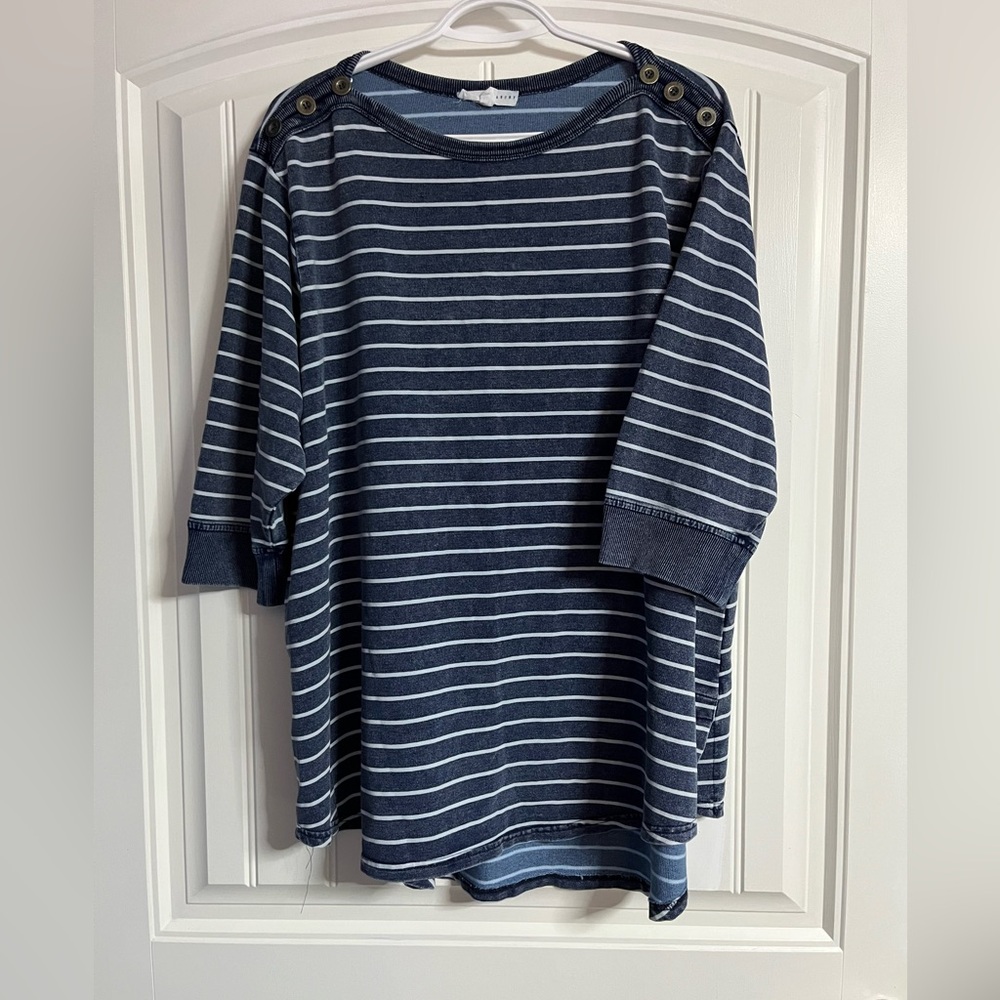 Navy and White Striped Top with‎ button details on shoulders